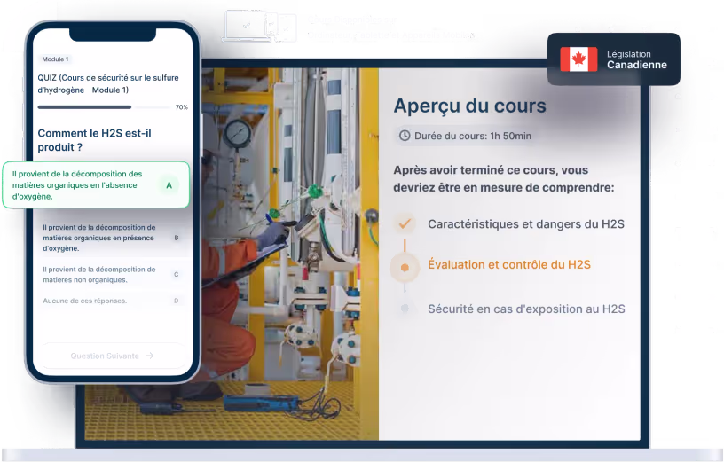 Maquettes d’ordinateurs portables et de téléphones de la formation en ligne Sensibilisation à l'H2S, des icônes pour la disponibilité des appareils et un insigne de la législation canadienne