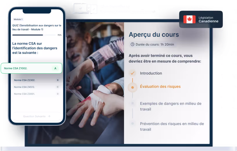 Maquettes d’ordinateurs portables et de téléphones de la formation en ligne Sensibilisation aux dangers en milieu de travail, des icônes pour la disponibilité des appareils et un insigne de la législation canadienne