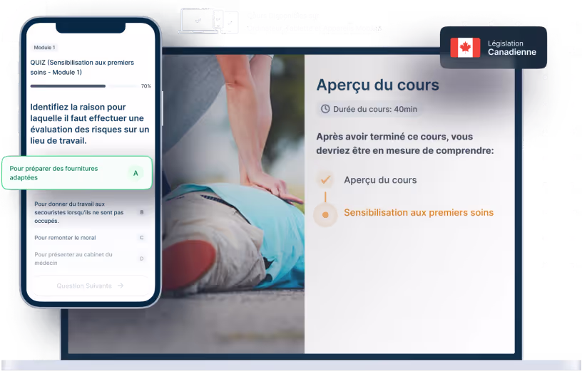 Maquettes d’ordinateurs portables et de téléphones de la formation en ligne Sensibilisation aux premiers soins, des icônes pour la disponibilité des appareils et un insigne de la législation canadienne