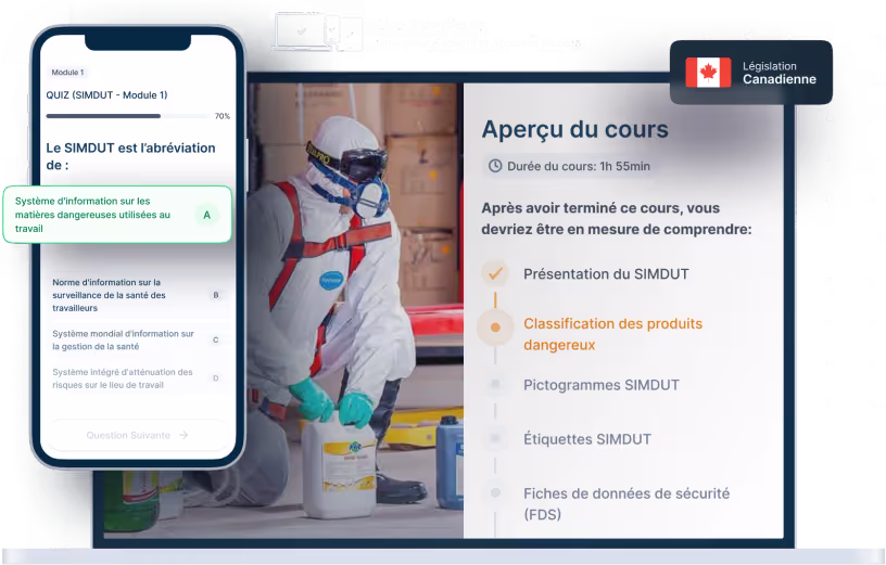 Maquettes d’ordinateurs portables et de téléphones de la formation en ligne SIMDUT, des icônes pour la disponibilité des appareils et un insigne de la législation canadienne