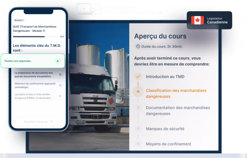 Maquettes d’ordinateurs portables et de téléphones de la formation en ligne TMD, des icônes pour la disponibilité des appareils et un insigne de la législation canadienne