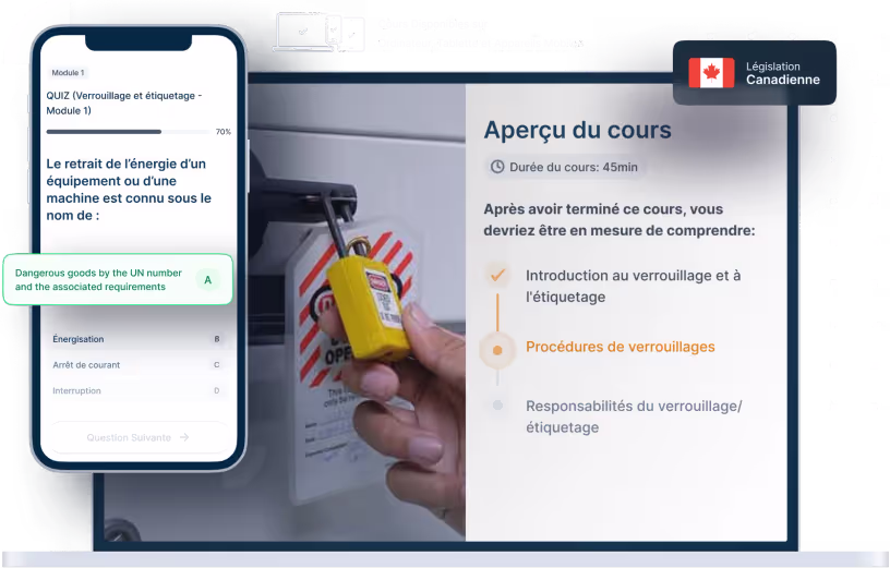 Maquettes d’ordinateurs portables et de téléphones de la formation en ligne Verrouillage et étiquetage, des icônes pour la disponibilité des appareils et un insigne de la législation canadienne