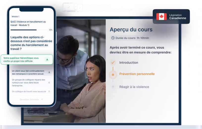 Maquettes d’ordinateurs portables et de téléphones de la formation en ligne Violence et harcèlement en milieu de travail, des icônes pour la disponibilité des appareils et un insigne de la législation canadienne