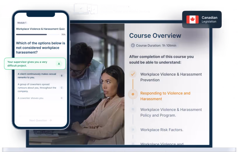 Laptop and phone mockups of Workplace Violence & Harassment Online Training, icons for device availability, and Canadian legislation badge