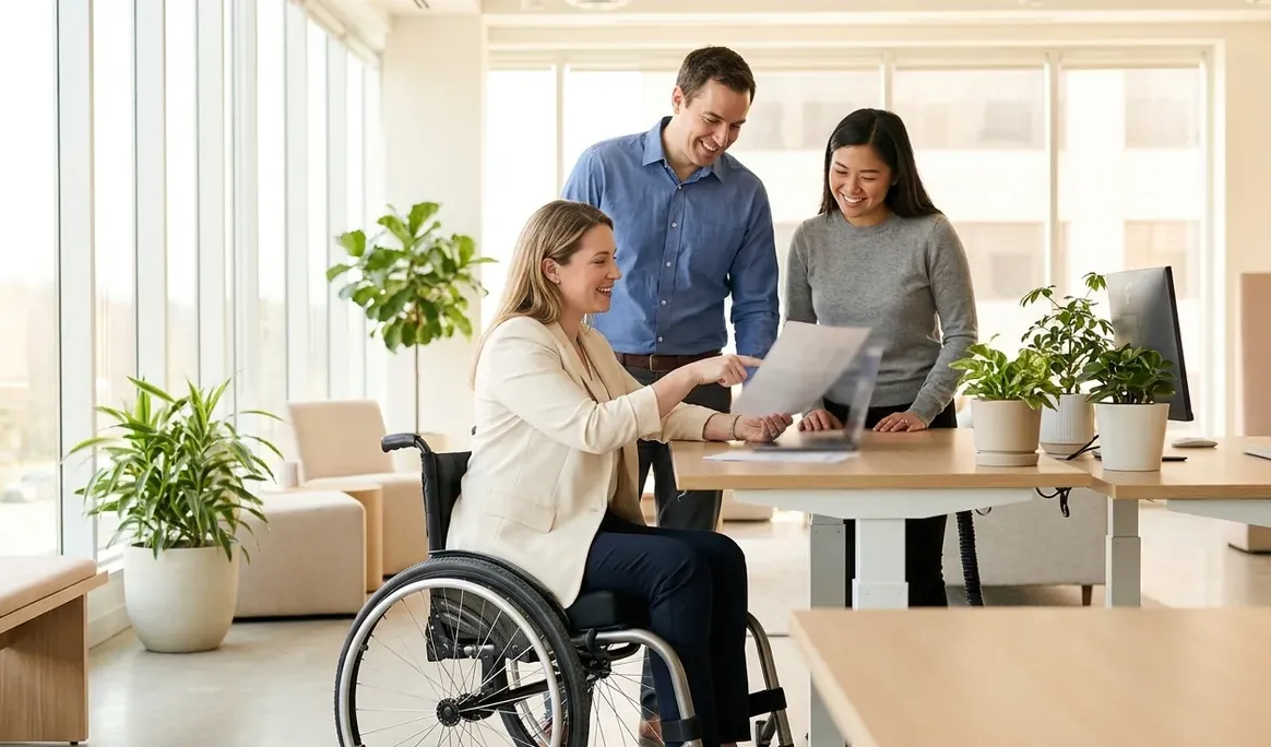 Employée en fauteuil roulant travaillant avec des collègues à un poste de travail accessible