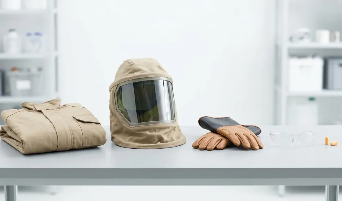 Équipement de protection contre les arcs électriques disposé sur un établi : veste à indice d'arc, cagoule, gants isolants, lunettes de sécurité et protection auditive