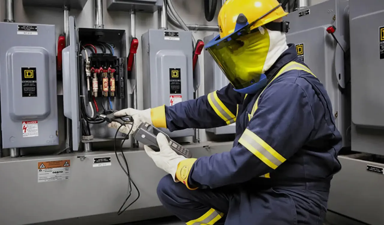 Électricien portant un ÉPI résistant aux arcs électriques travaillant sur un panneau électrique ouvert
