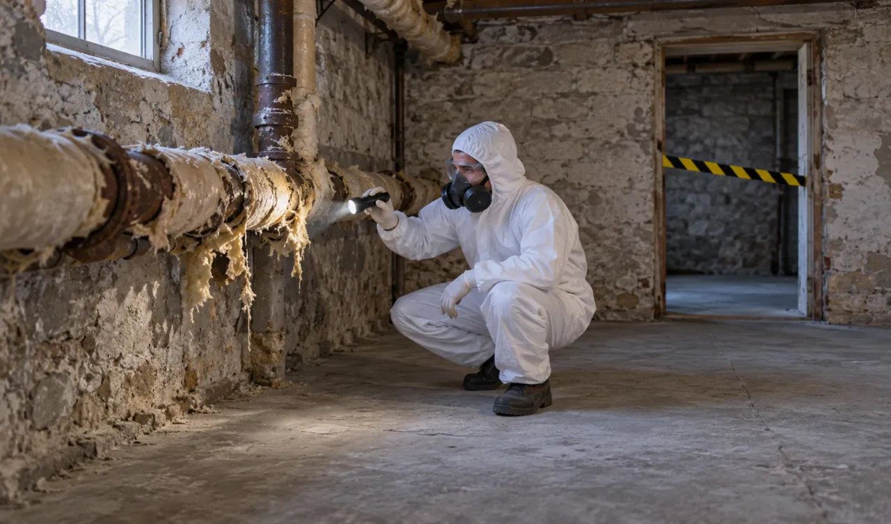 Travailleur en combinaison jetable et appareil respiratoire inspectant l'isolant dans une cavité murale ouverte