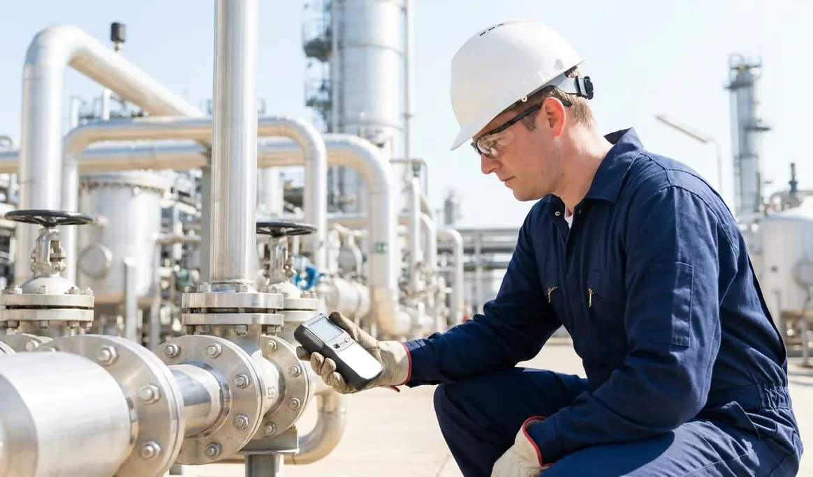 Technicien effectuant une mesure de la qualité de l'air près de tuyauteries de raffinerie