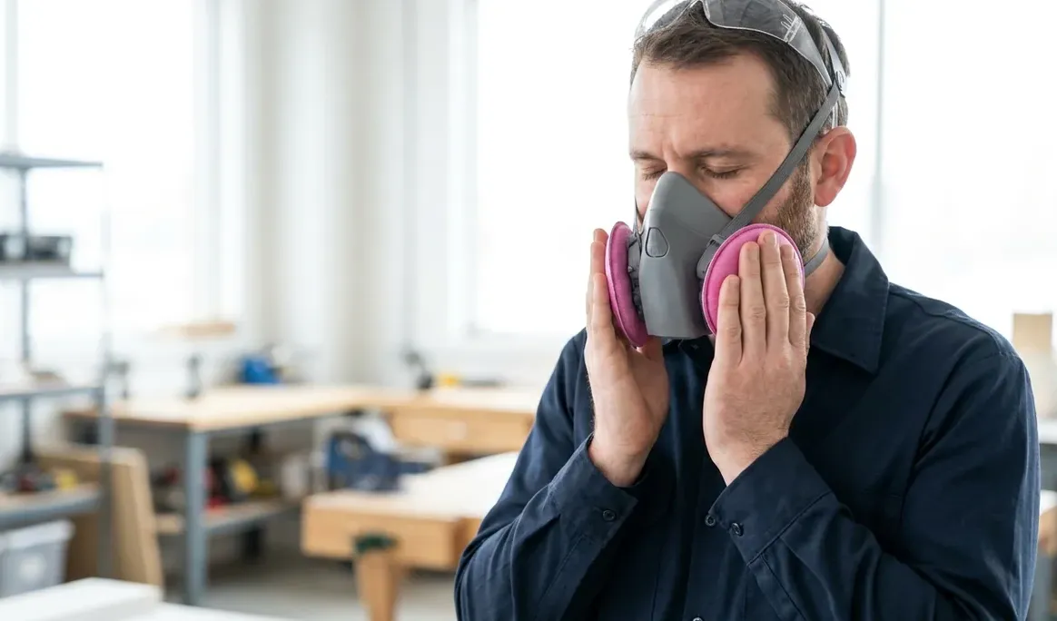 Travailleur couvrant de ses paumes les cartouches d'un demi-masque respiratoire pour vérifier l'étanchéité
