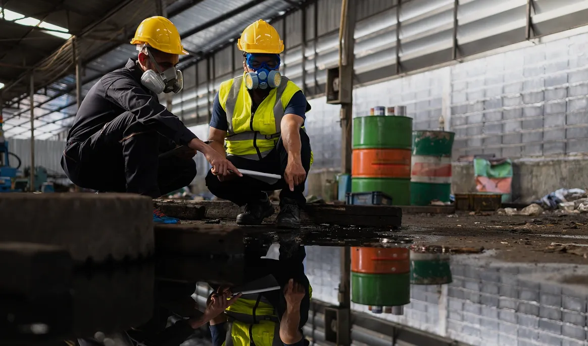 Deux travailleurs portant un appareil respiratoire évaluant un déversement chimique dans une installation industrielle