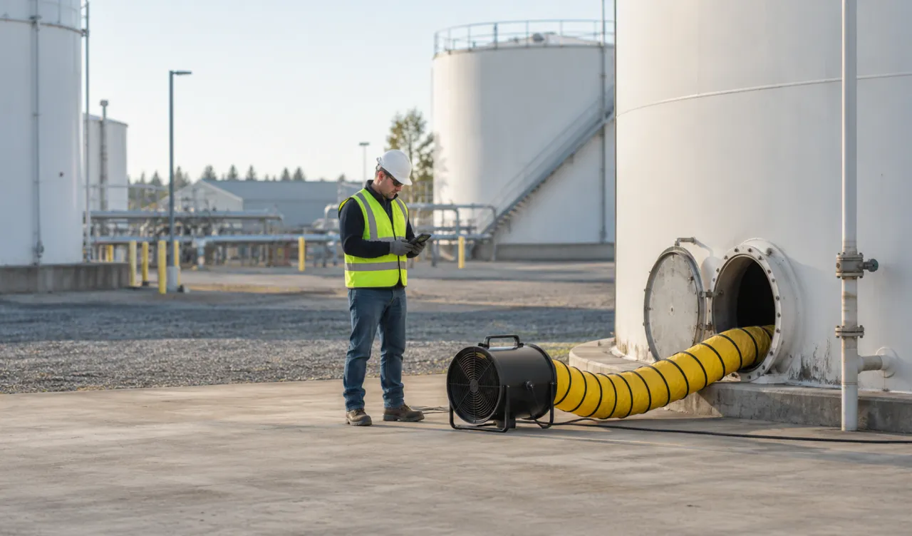 Travailleur harnaché à l'entrée d'un espace clos avec un détecteur de gaz