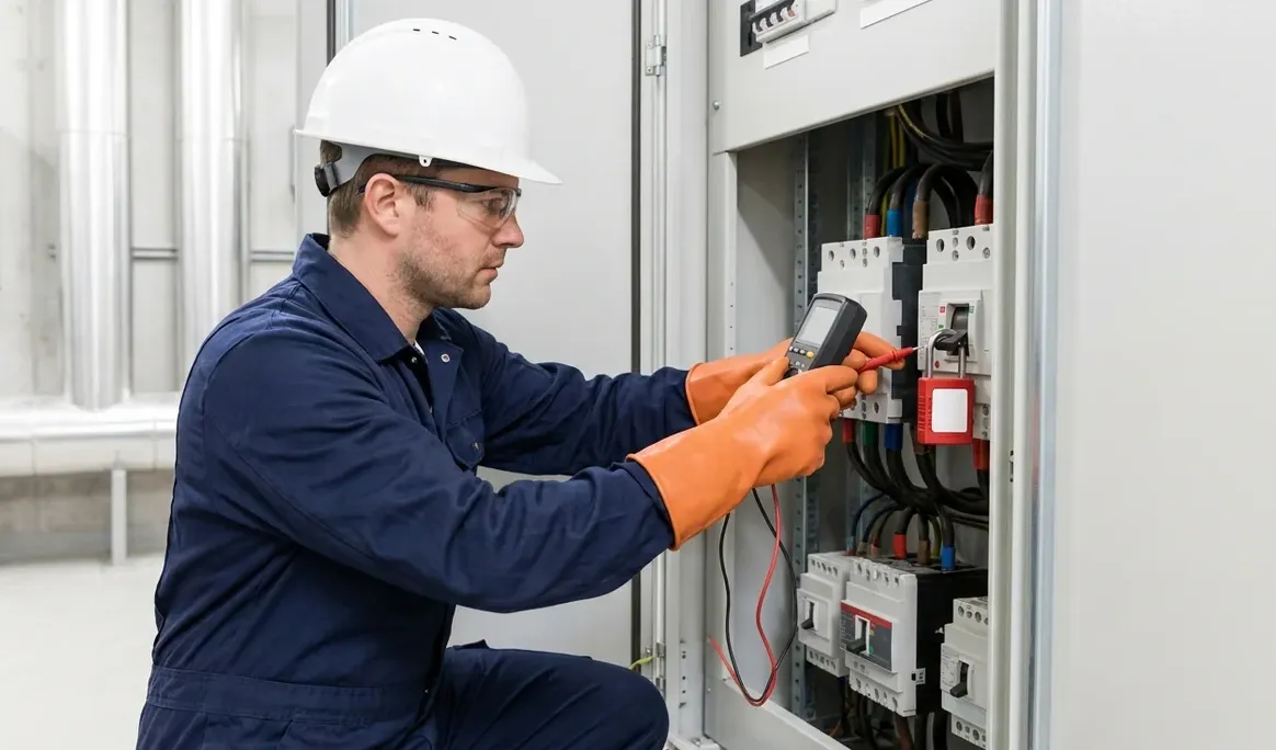 Électricien vérifiant un circuit isolé sur un tableau de distribution muni d'un dispositif de cadenassage