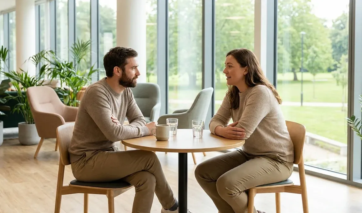 Deux collègues ayant une conversation de soutien en tête-à-tête dans une aire de repos au travail