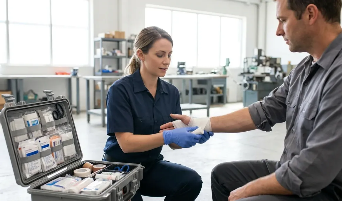 Secouriste en milieu de travail soignant la main d'un collègue à côté d'une trousse de premiers soins ouverte