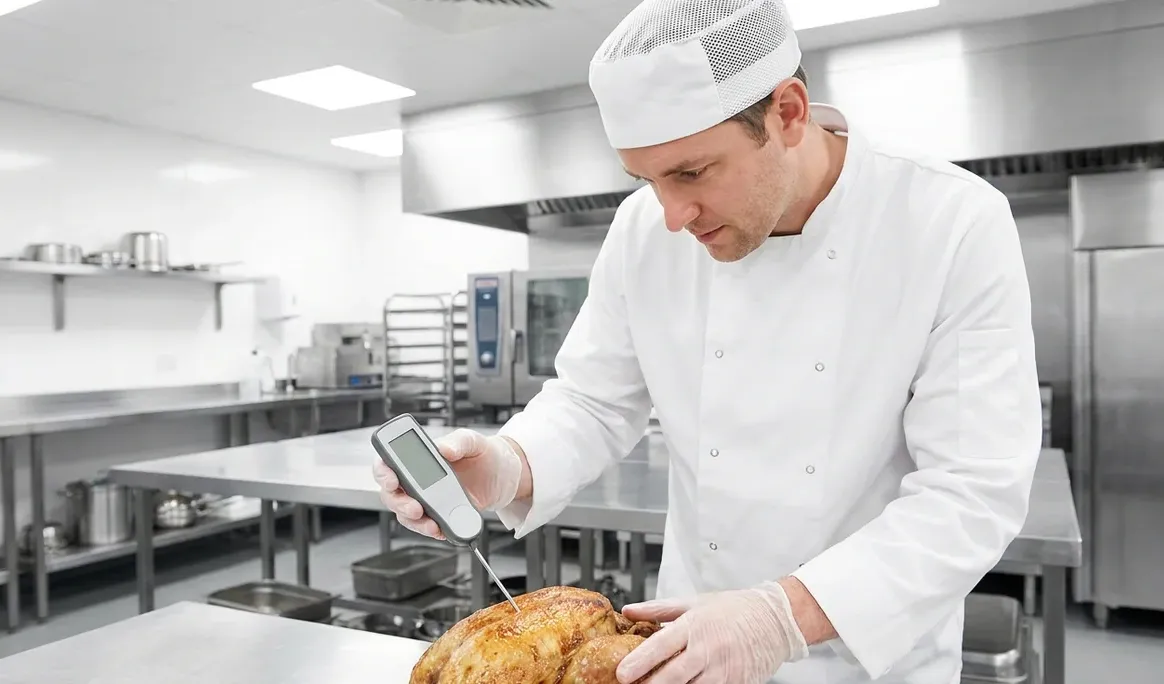 Employé de cuisine vérifiant la température des aliments à l'aide d'un thermomètre à sonde sur un plan de travail en acier inoxydable