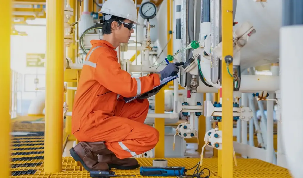 Travailleur du secteur pétrolier et gazier vérifiant vannes et manomètres sur une installation de traitement