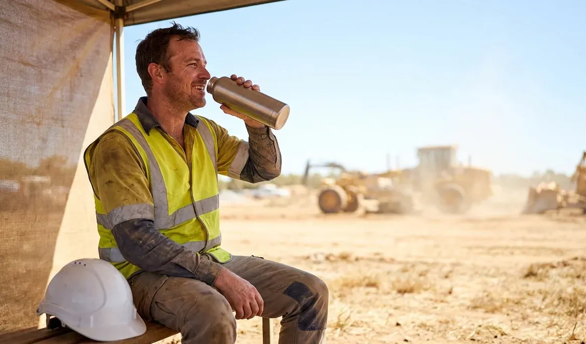 Travailleur extérieur prenant une pause d'hydratation à l'ombre par temps chaud