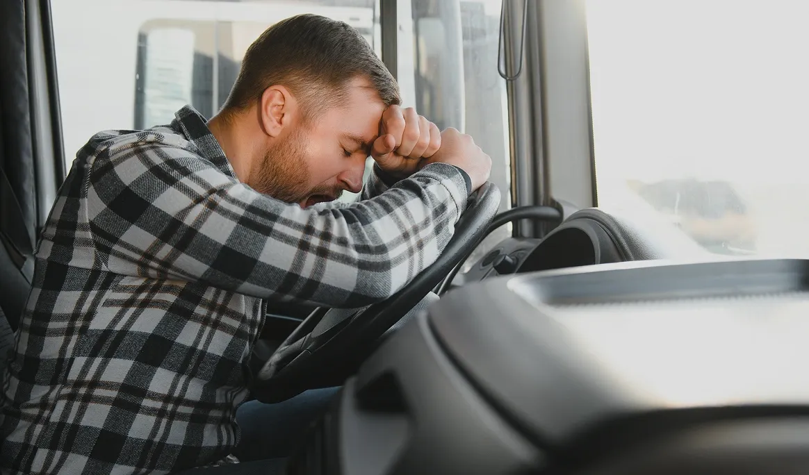 Camionneur fatigué, la tête appuyée sur son poing contre le volant, les yeux fermés
