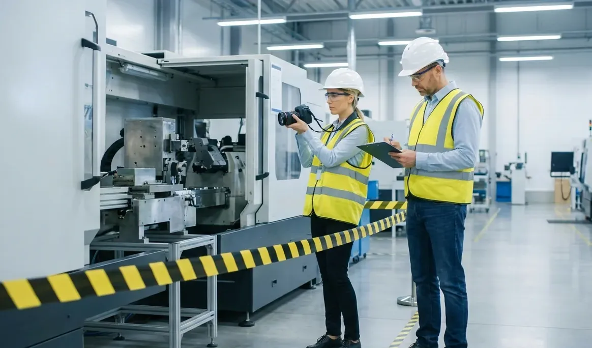 Enquêteurs documentant une machine sur les lieux d'un incident délimité par un ruban dans une usine