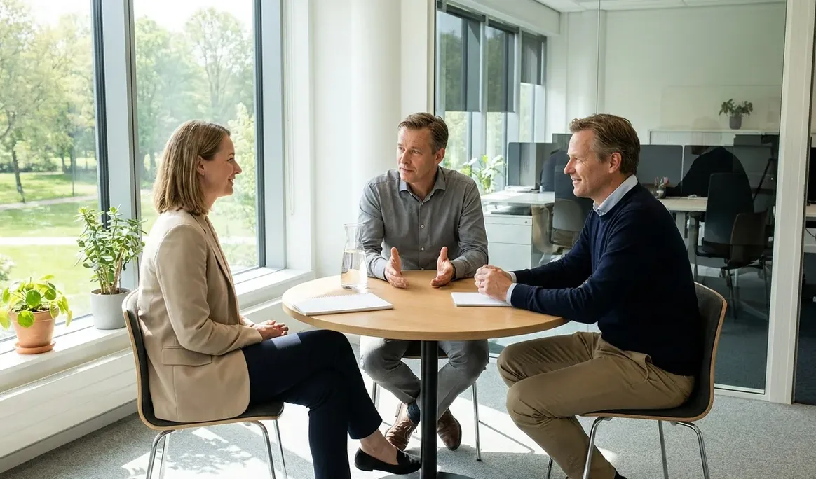 Trois collègues résolvant un désaccord lors d'une conversation calme et facilitée