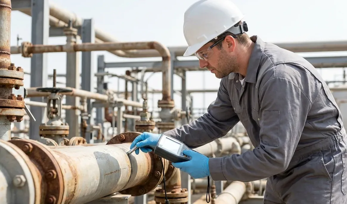 Technicien effectuant une mesure au radiamètre sur des tuyauteries de procédé
