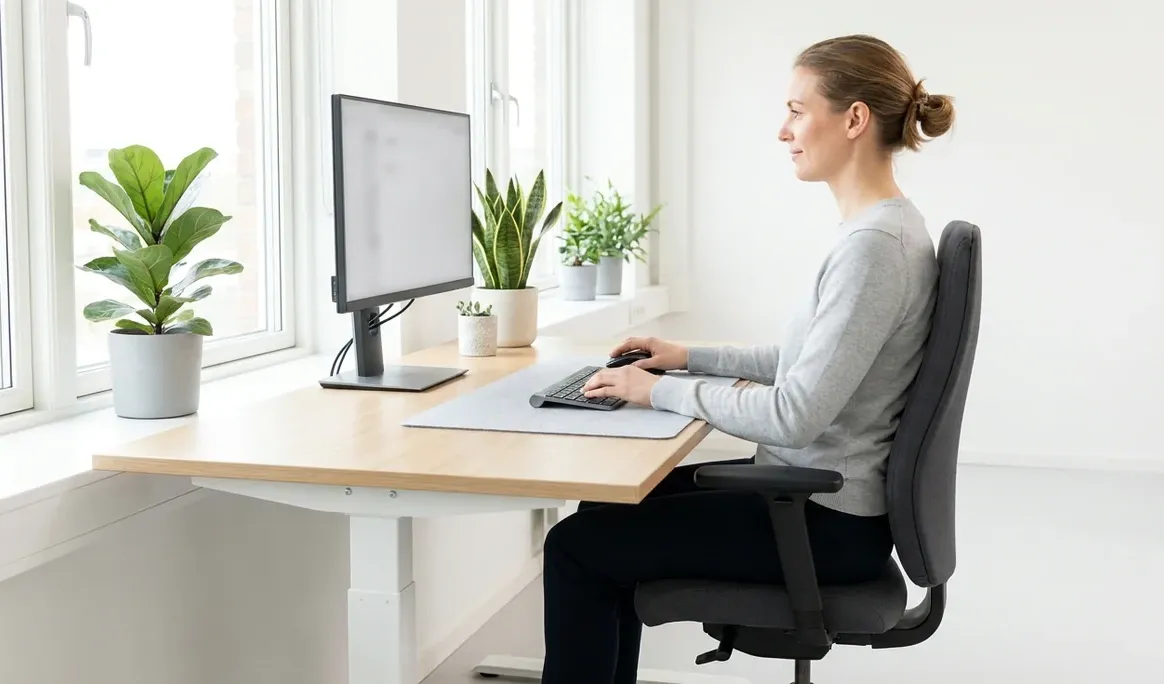Employée de bureau assise à un poste de travail correctement ajusté, écran à hauteur des yeux