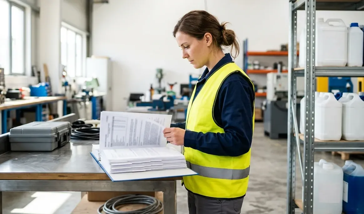 Travailleur consultant un classeur de fiches de données de sécurité près d'étagères de stockage de produits chimiques