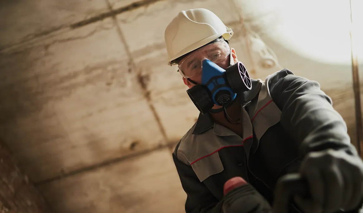 Travailleur de la construction portant un demi-masque respiratoire dans la poussière en suspension