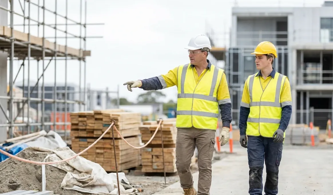 Superviseur et travailleur, casques et vêtements haute visibilité, repérant ensemble un danger sur un chantier
