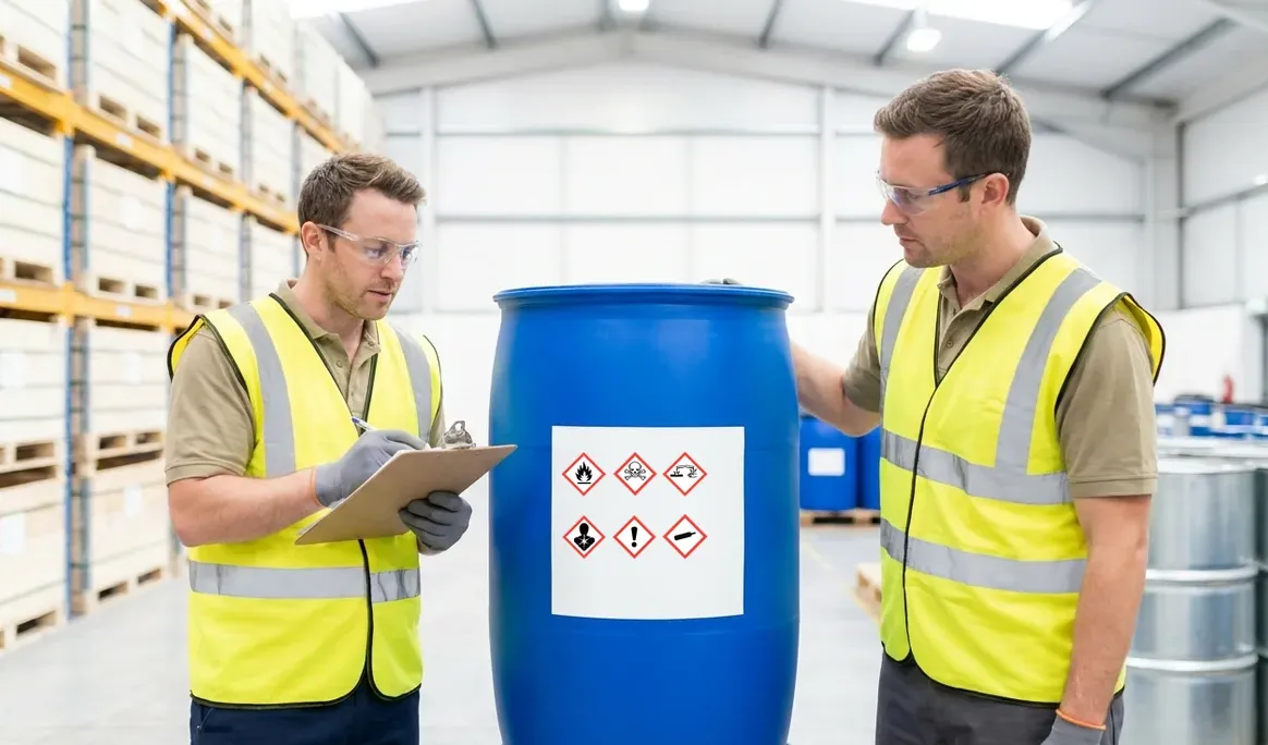 Deux travailleurs vérifiant les pictogrammes de danger sur un fût bleu de produits chimiques dans un entrepôt