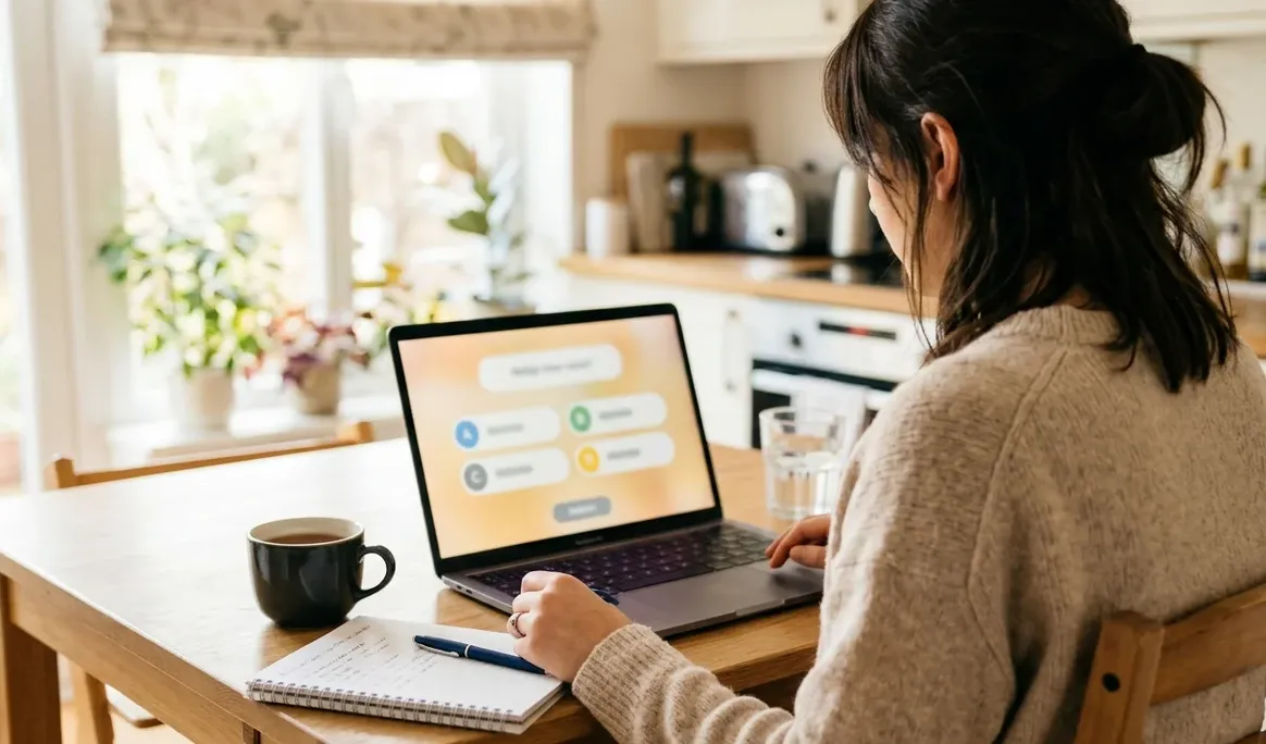 Personne répondant à un test pratique SIMDUT sur un ordinateur portable à la maison
