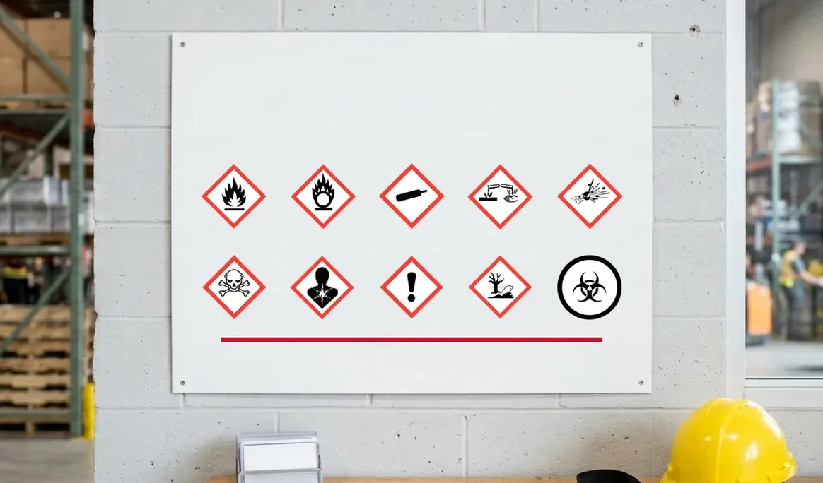Les 10 pictogrammes de danger officiels du SIMDUT affichés sur une affiche de formation dans un entrepôt