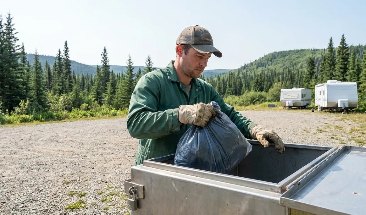 Travailleur rangeant des déchets alimentaires dans un conteneur à l'épreuve des ours dans un camp de travail éloigné