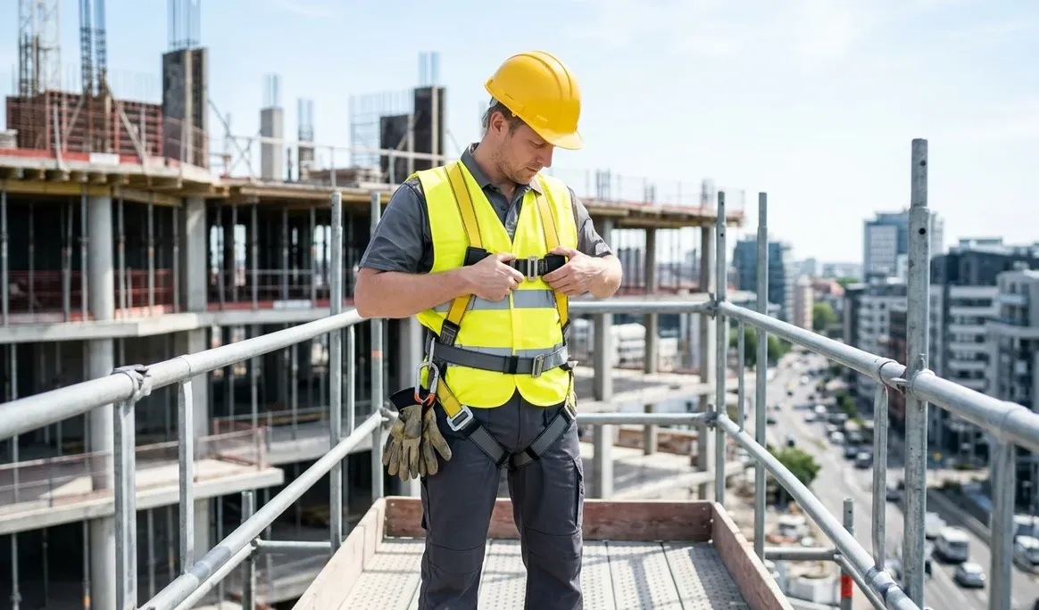 Travailleur de la construction ajustant son harnais antichute complet sur une plateforme d'échafaudage d'un chantier en hauteur