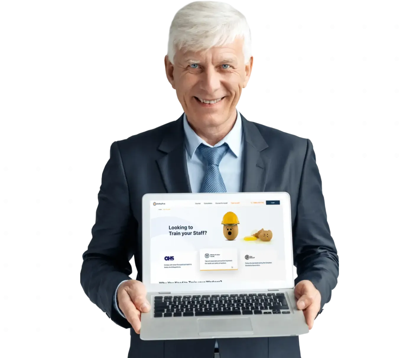 Entrepreneur senior en tenue d’affaires tenant un ordinateur portable ouvert affichant le site Web eSafetyFirst, symbolisant de puissantes solutions commerciales et des fonctionnalités de plate-forme pour la formation et la certification.