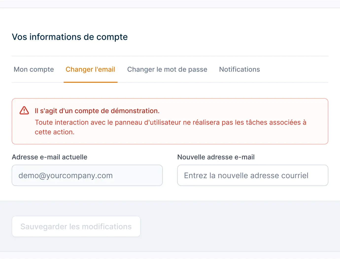 Notification mettant en évidence l’état du compte de démonstration et les fonctionnalités limitées pour les interactions des utilisateurs