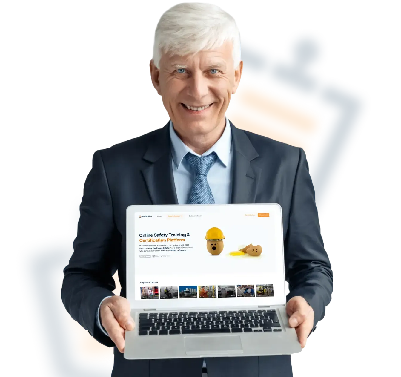 Senior entrepreneur holding a laptop showcasing the eSafetyFirst website, representing robust business training solutions
