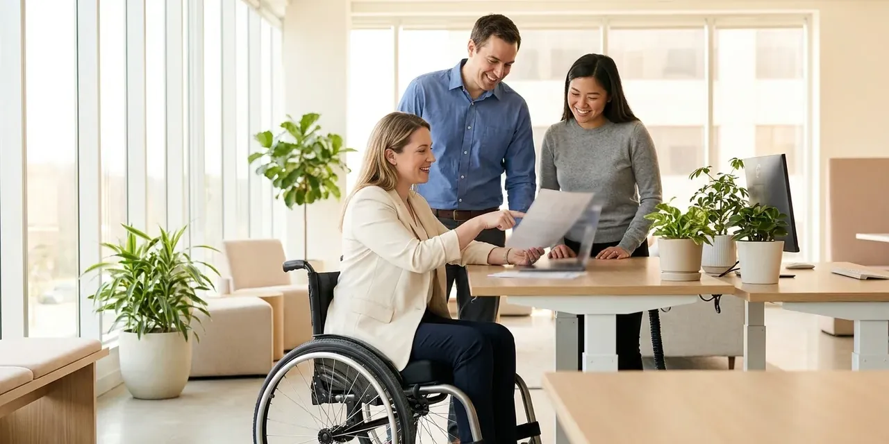 Employée en fauteuil roulant travaillant avec des collègues à un poste de travail accessible