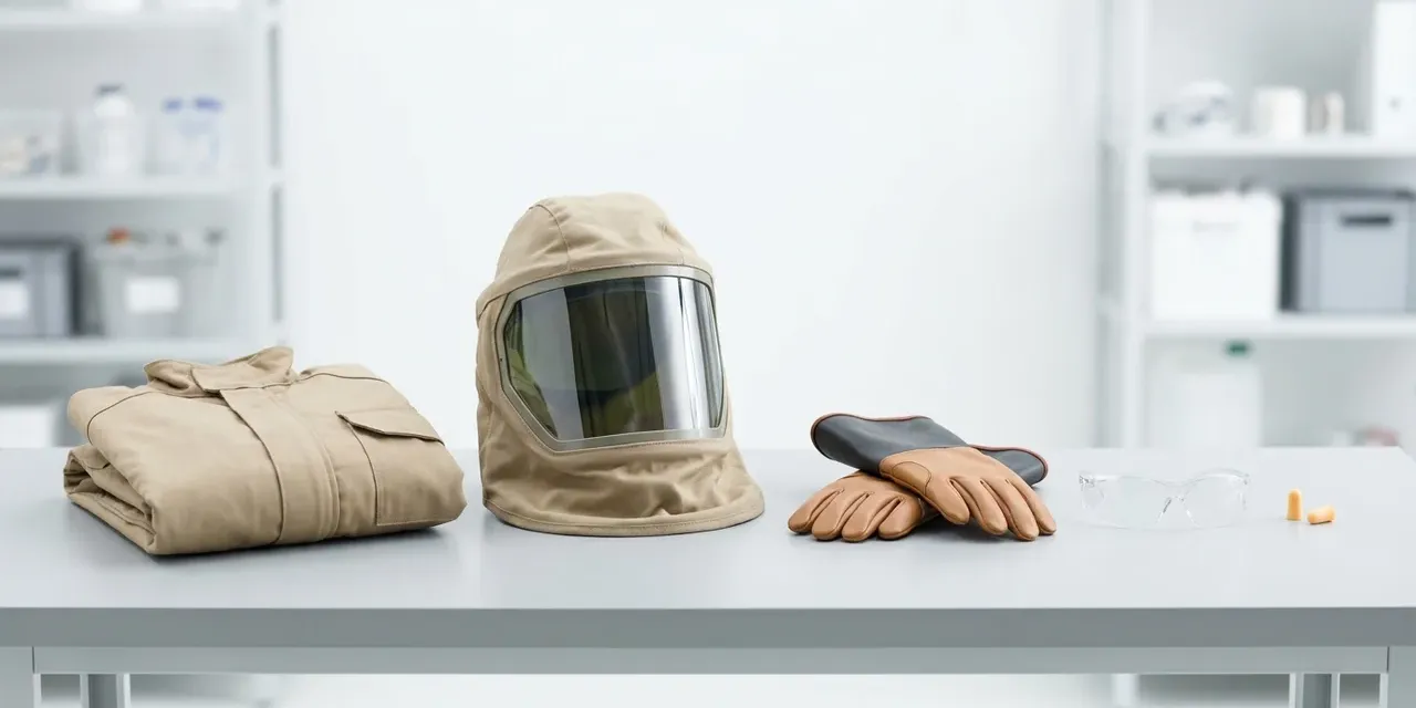 Équipement de protection contre les arcs électriques disposé sur un établi : veste à indice d'arc, cagoule, gants isolants, lunettes de sécurité et protection auditive