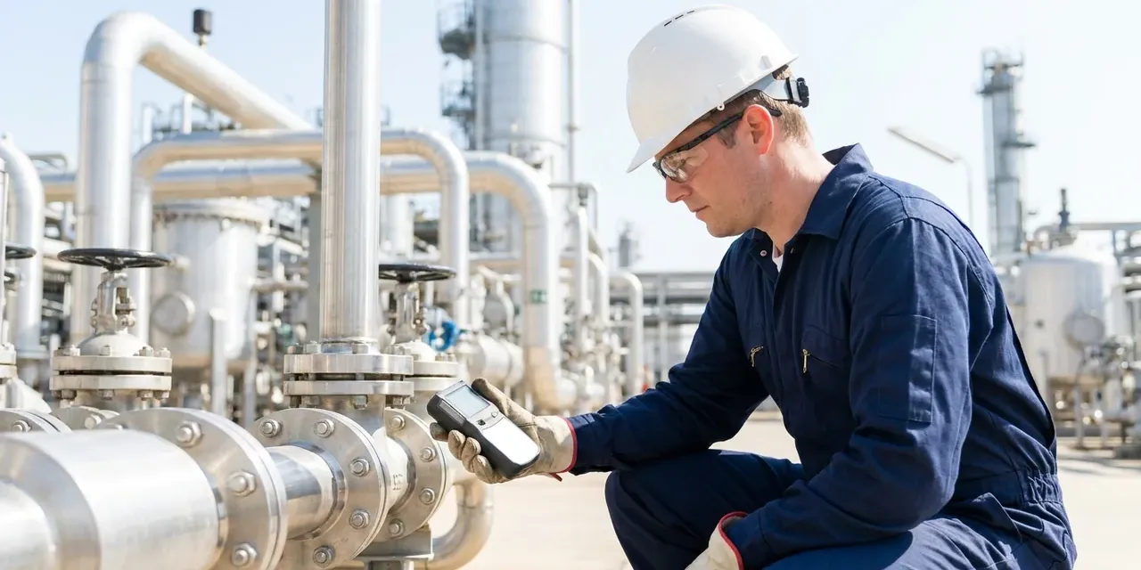 Technician taking an air-quality reading beside refinery process piping