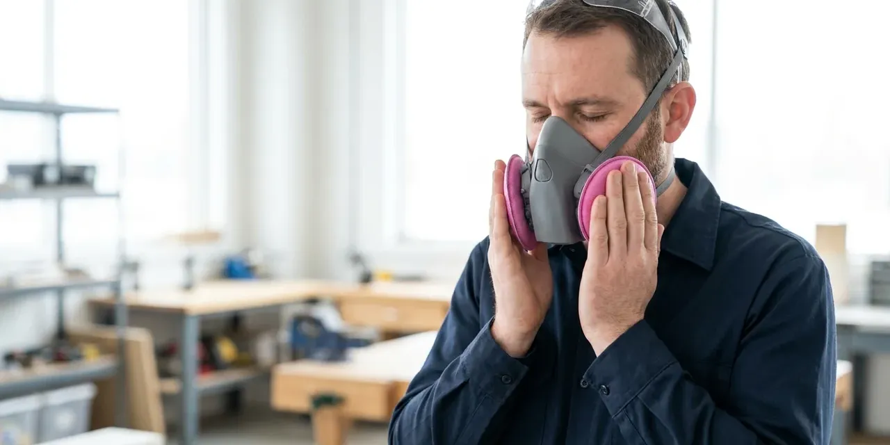 Travailleur couvrant de ses paumes les cartouches d'un demi-masque respiratoire pour vérifier l'étanchéité