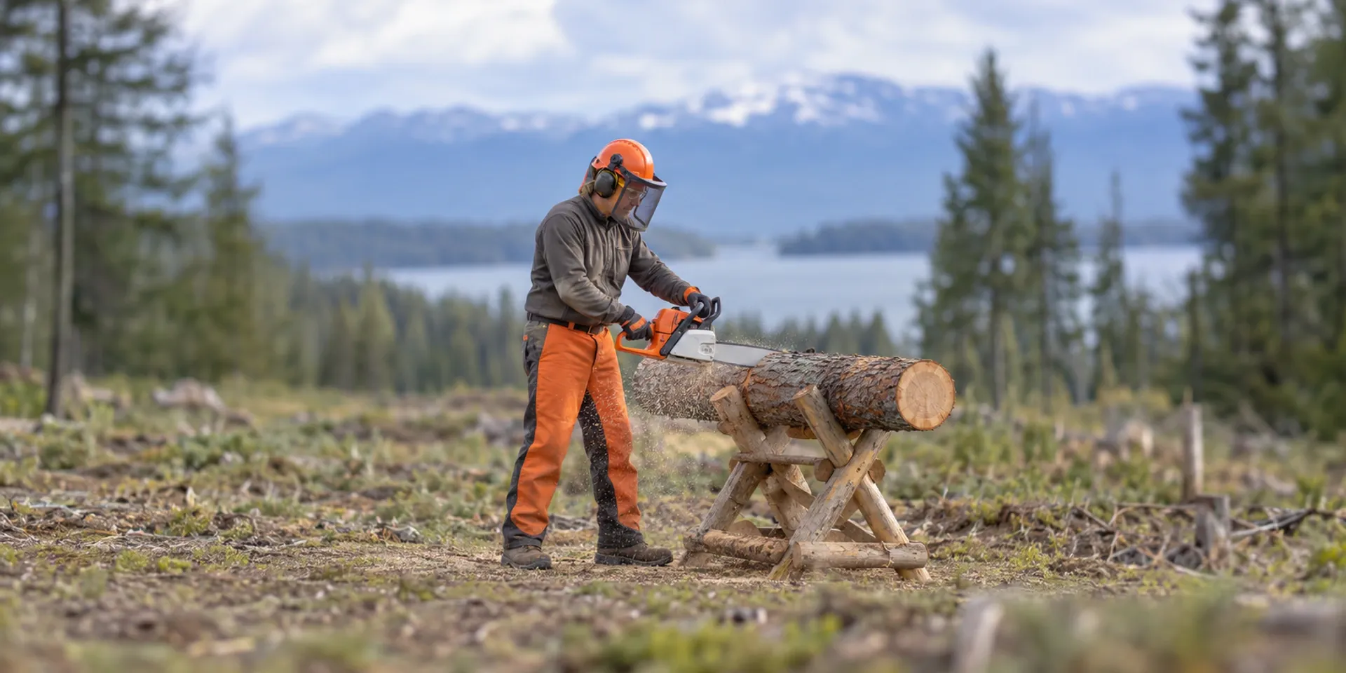 Chainsaw operator in helmet, visor, ear protection and cut-resistant chaps making a cut
