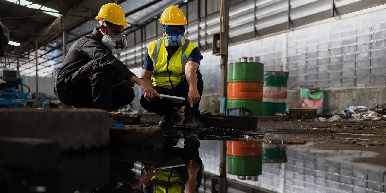 Deux travailleurs portant un appareil respiratoire évaluant un déversement chimique dans une installation industrielle