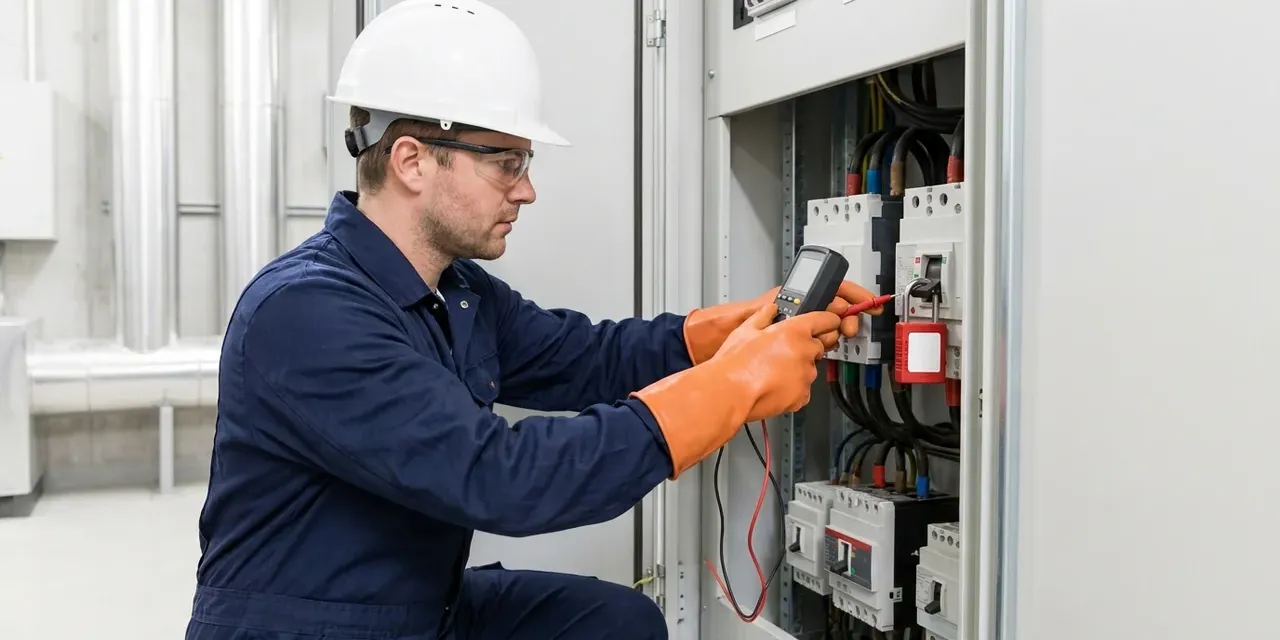 Électricien vérifiant un circuit isolé sur un tableau de distribution muni d'un dispositif de cadenassage