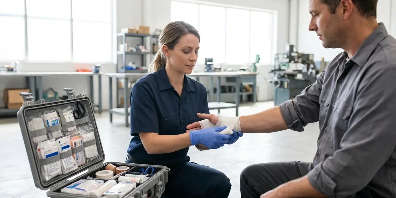 Secouriste en milieu de travail soignant la main d'un collègue à côté d'une trousse de premiers soins ouverte