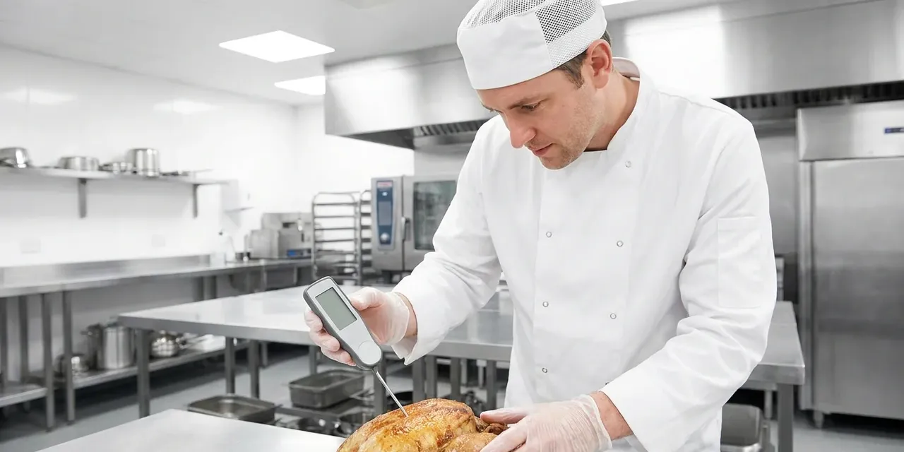 Employé de cuisine vérifiant la température des aliments à l'aide d'un thermomètre à sonde sur un plan de travail en acier inoxydable