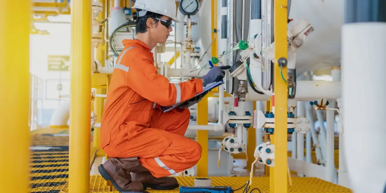 Travailleur du secteur pétrolier et gazier vérifiant vannes et manomètres sur une installation de traitement