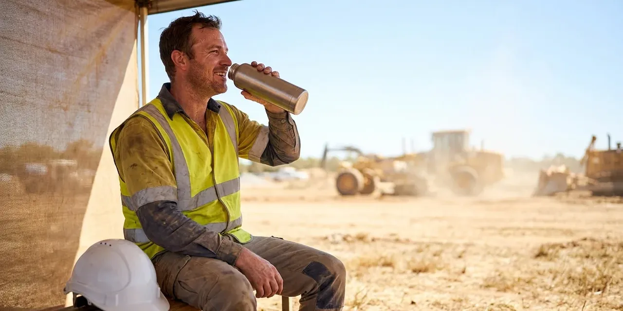 Travailleur extérieur prenant une pause d'hydratation à l'ombre par temps chaud