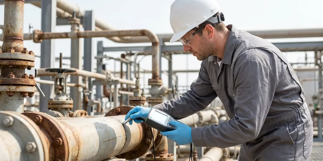 Technicien effectuant une mesure au radiamètre sur des tuyauteries de procédé